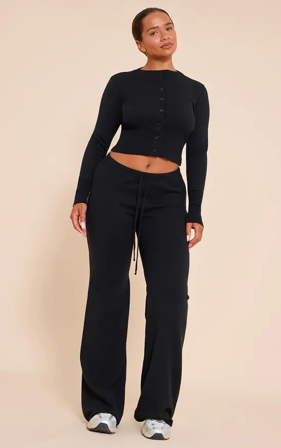 Plt - Shape Black Knitted Tie Waist Trousers