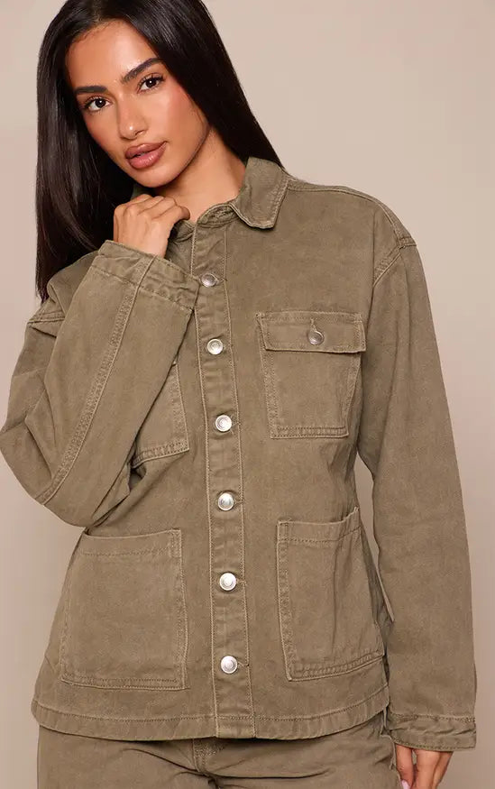 Plt - Petite Washed Khaki Denim Oversized Long Jacket