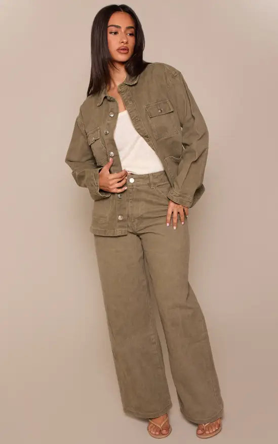 Plt - Petite Washed Khaki Denim Oversized Long Jacket