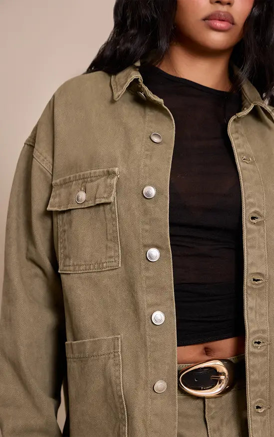 Plt - Petite Washed Khaki Denim Oversized Long Jacket