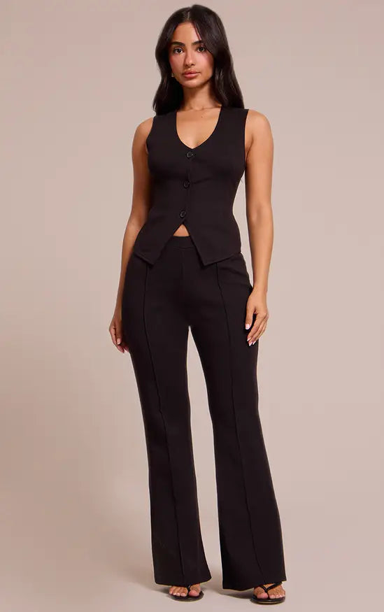 Plt - Petite Black Interlock Seam Detail Flare Trousers