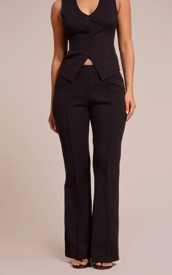 Plt - Petite Black Interlock Seam Detail Flare Trousers