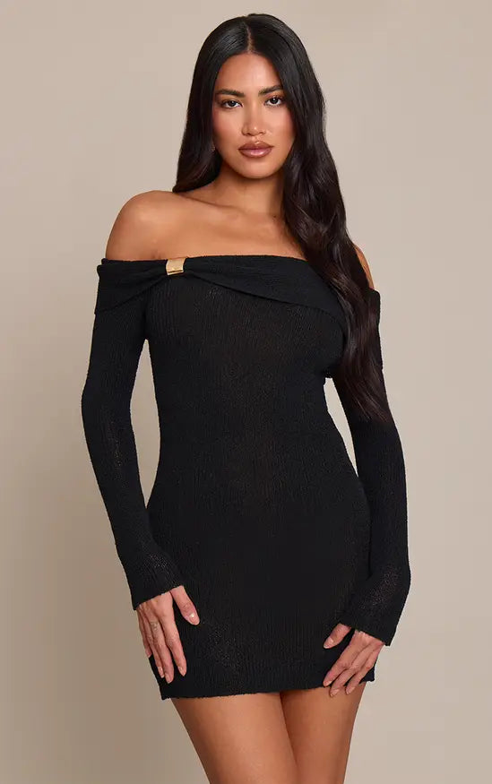 Plt - Black Bardot Trim Detail Knitted Dress