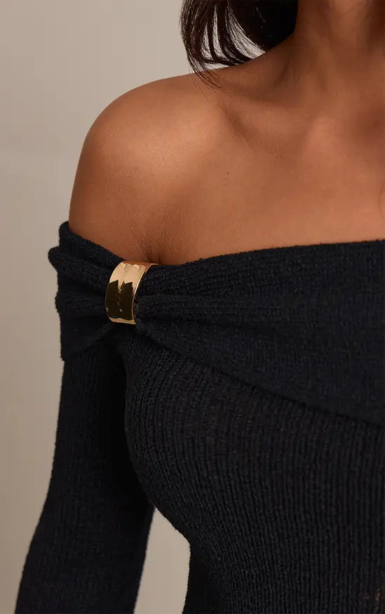 Plt - Black Bardot Trim Detail Knitted Dress