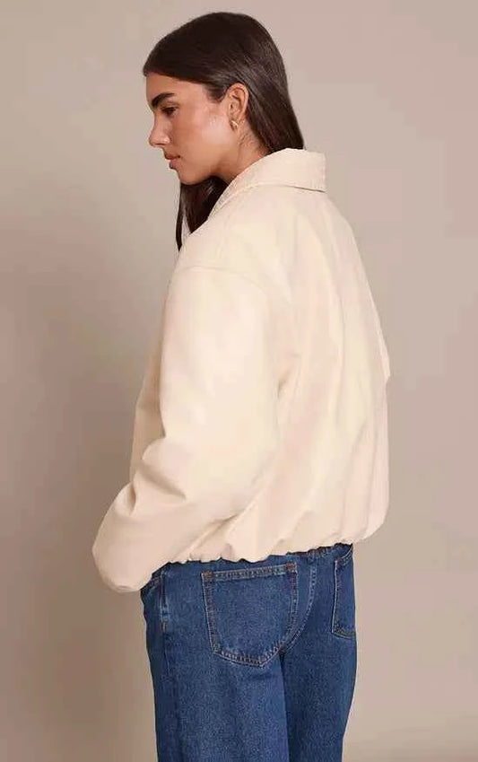 Prettylittlethung Butter Yellow Quilted Collar Faux Leather Bomber