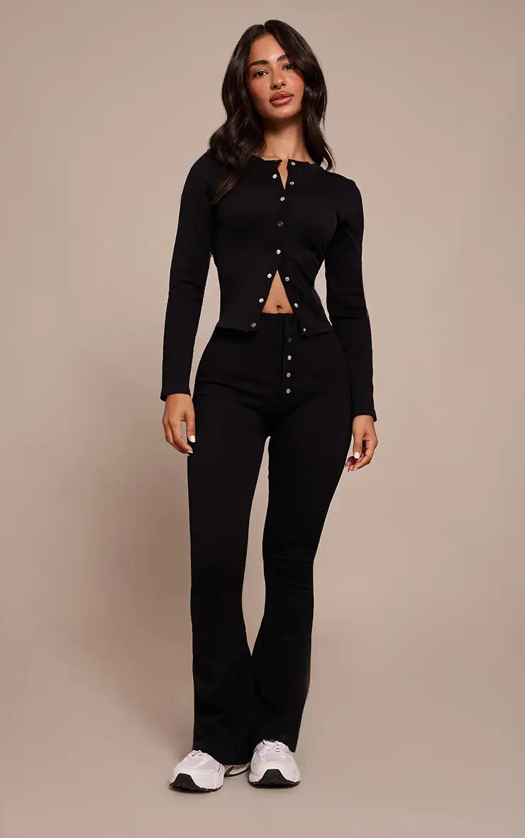Plt - Petite Black Faded Contour Rib Button Detail Flare Leggings