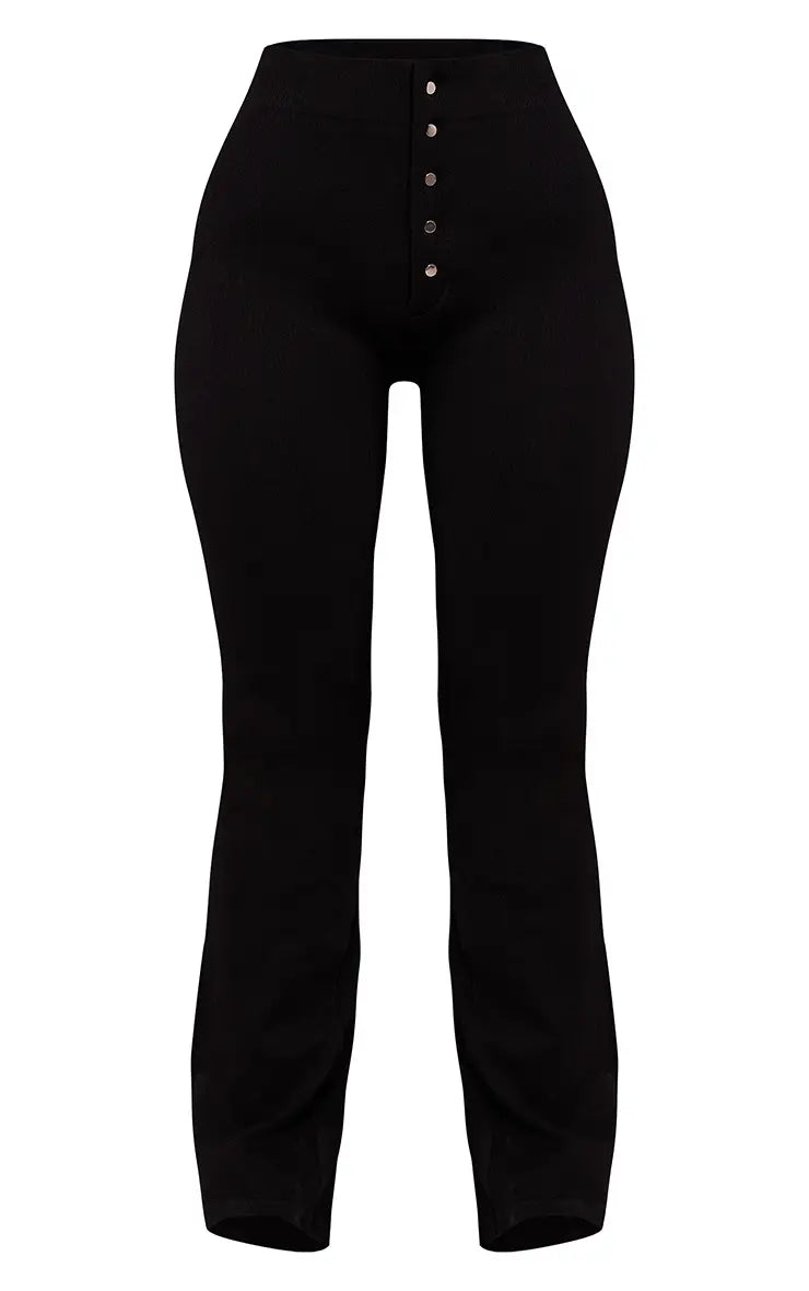 Plt - Petite Black Faded Contour Rib Button Detail Flare Leggings