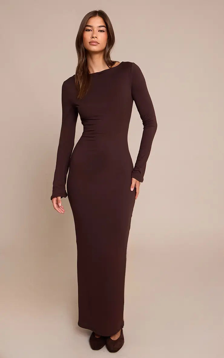Plt - Chocolate Soft Touch Jersey Long Sleeve Maxi Dress