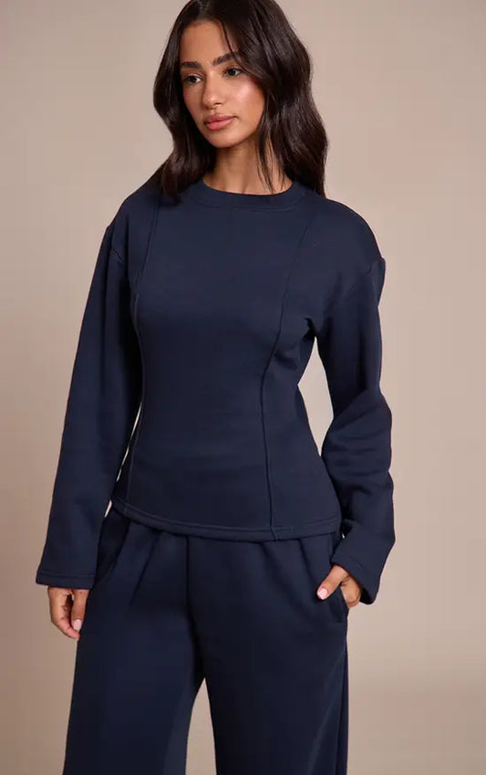 Plt - Petite Navy Long Sleeve Waist Cinched Sweatshirt