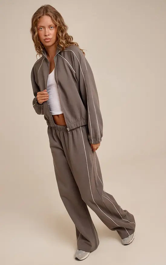 Charcoal Interlock Contrast Piping Bomber Sweatshirt