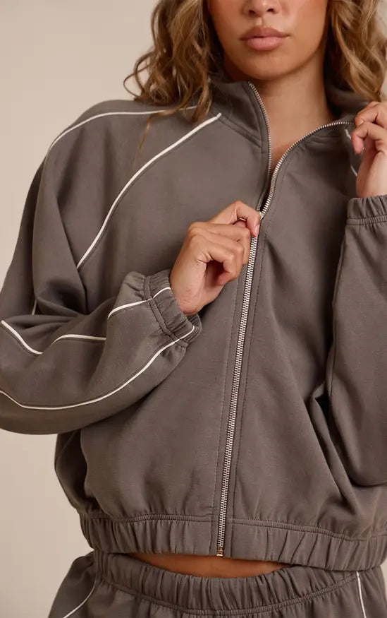 Charcoal Interlock Contrast Piping Bomber Sweatshirt