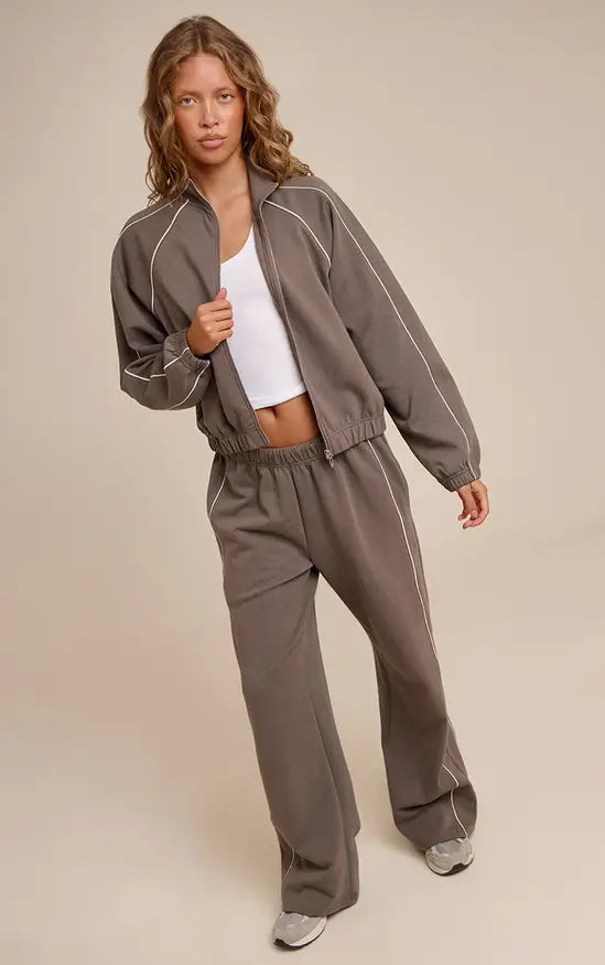 Plt - Charcoal Interlock Contrast Piping Wide Leg Joggers
