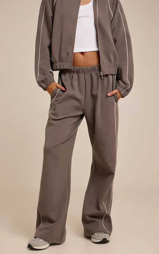 Plt - Charcoal Interlock Contrast Piping Wide Leg Joggers