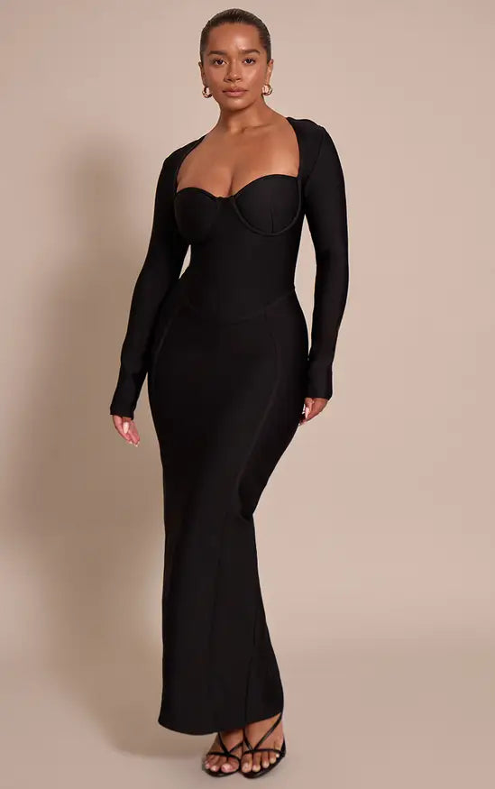 Plt - Shape Black Bandage Long Sleeve Corset Maxi Dress