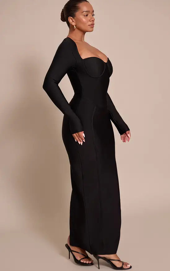 Plt - Shape Black Bandage Long Sleeve Corset Maxi Dress