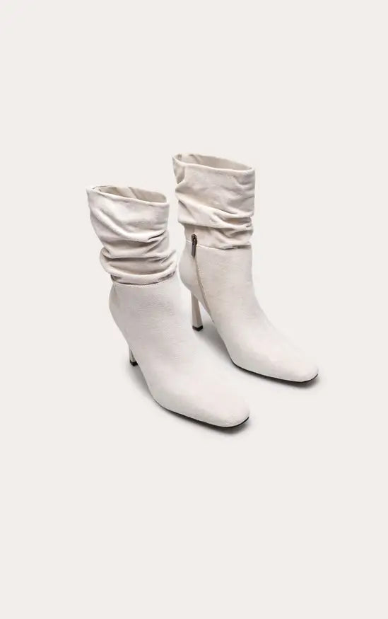 Plt - Cream Faux Suede Ruched Chiseled Toe Ankle Boots