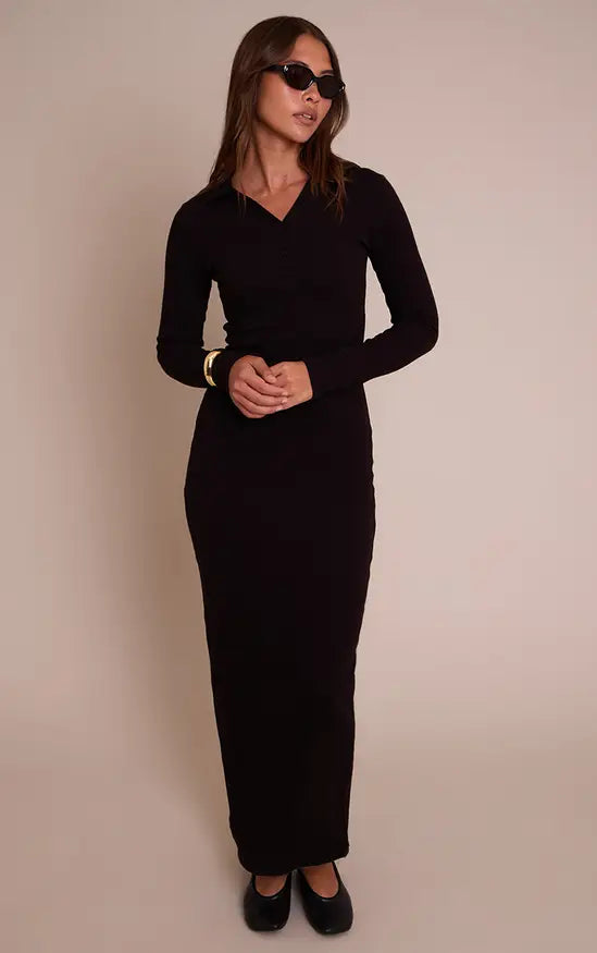 Plt - Black Ribbed Button Down Collar Detail Long Sleeve Maxi Dress
