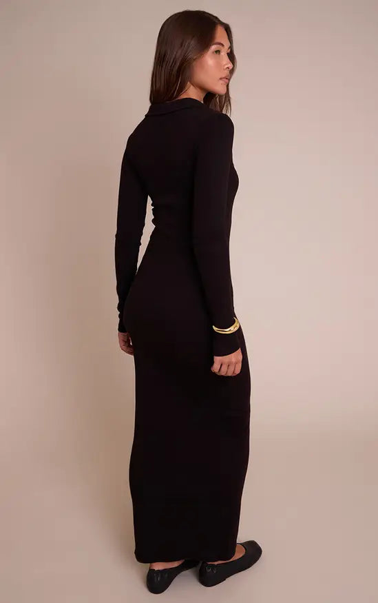 Plt - Black Ribbed Button Down Collar Detail Long Sleeve Maxi Dress