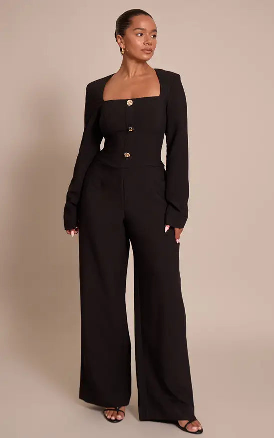 Plt - Shape Black Tailored Hammered Button Wide Leg Jumpsuit