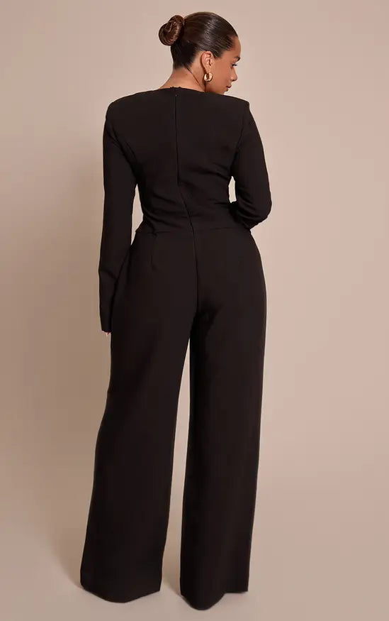 Plt - Shape Black Tailored Hammered Button Wide Leg Jumpsuit