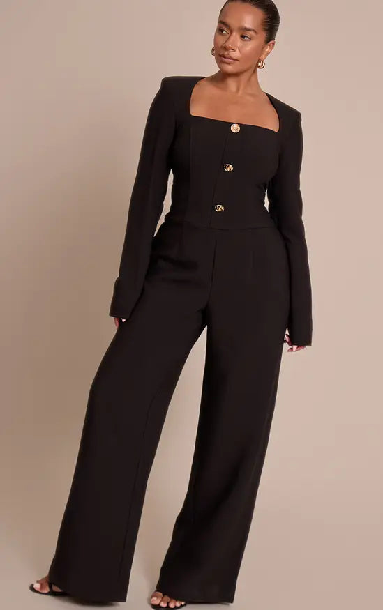 Plt - Shape Black Tailored Hammered Button Wide Leg Jumpsuit