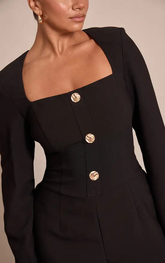 Plt - Shape Black Tailored Hammered Button Wide Leg Jumpsuit
