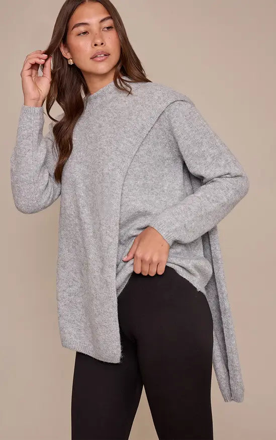 Plt - Grey Scarf Wrap Detail Knitted Jumper