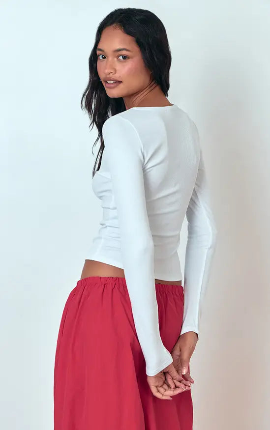 Plt - White Soft Rib Button Up Fitted Long Sleeve Top