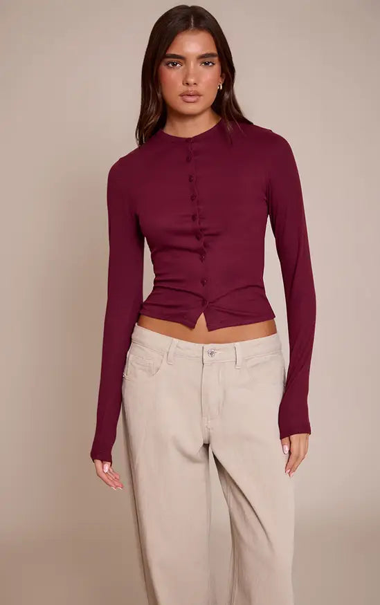 Plt - Wine Soft Rib Button Down Long Sleeve Top