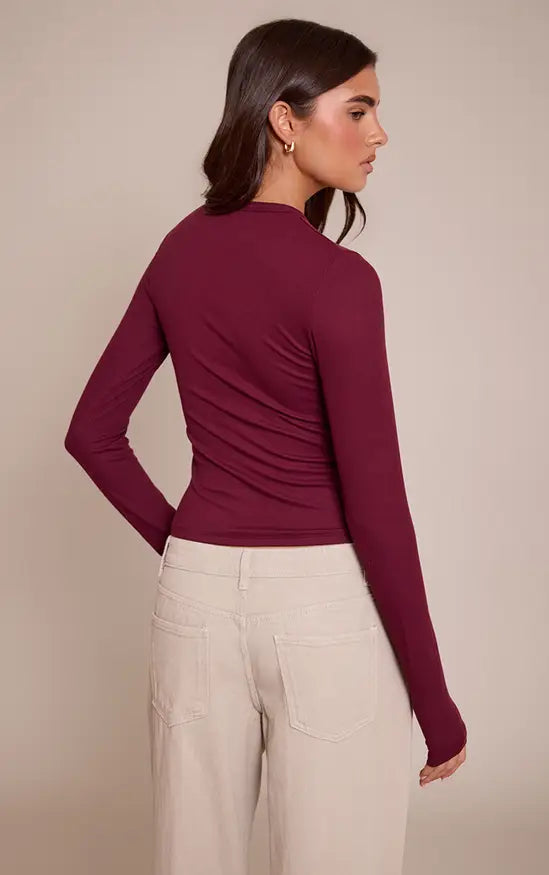 Plt - Wine Soft Rib Button Down Long Sleeve Top