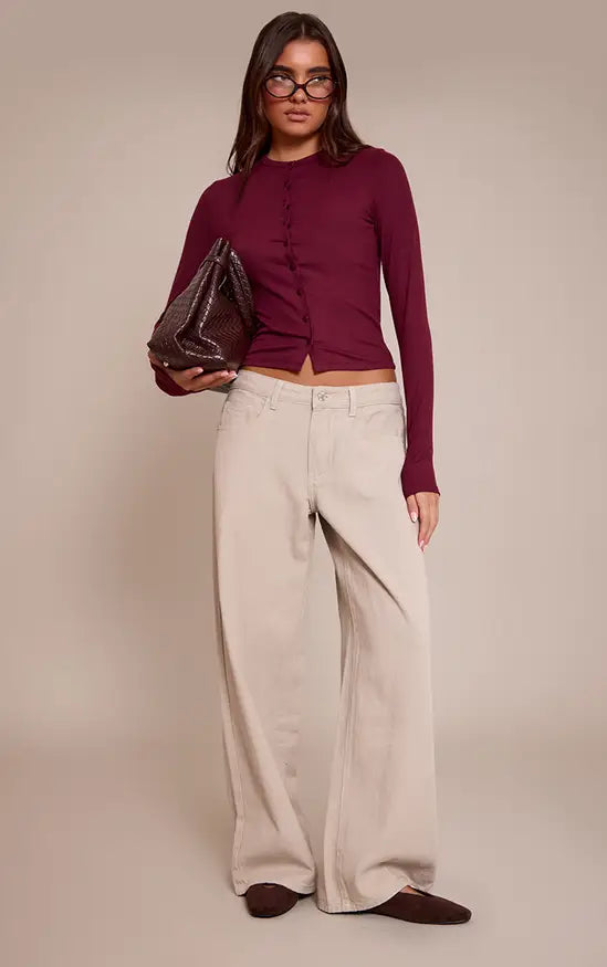 Plt - Wine Soft Rib Button Down Long Sleeve Top
