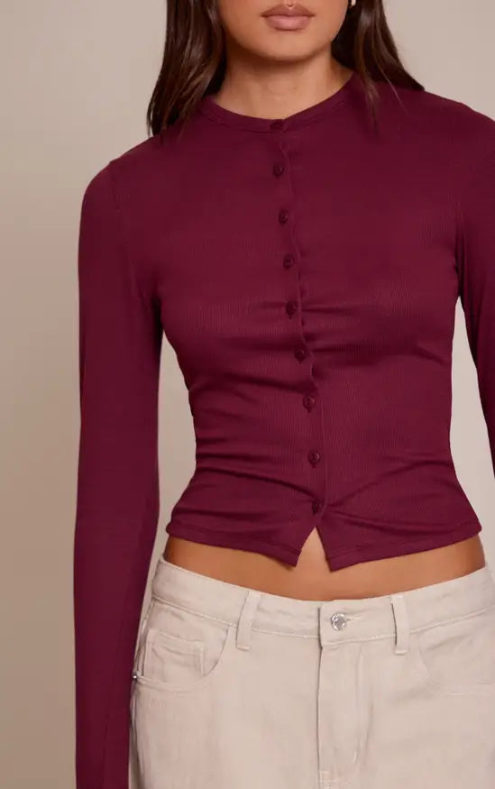 Plt - Wine Soft Rib Button Down Long Sleeve Top