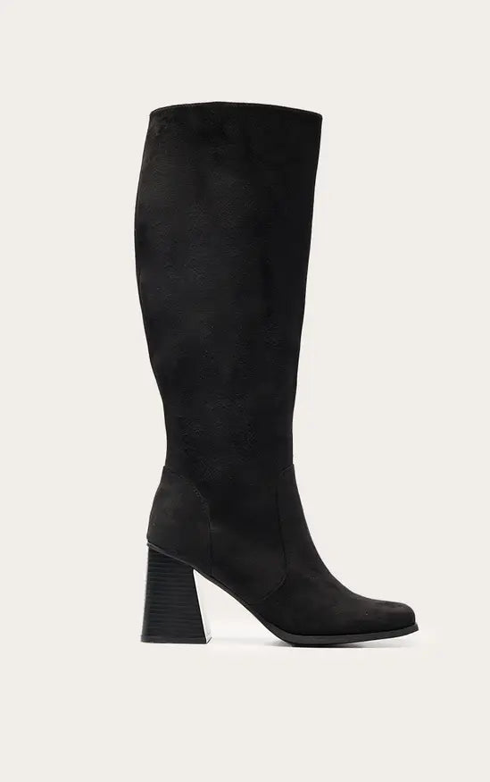 PrettyLittleThing Faux Suede Square Toe Flare Block Heel Knee High Boots