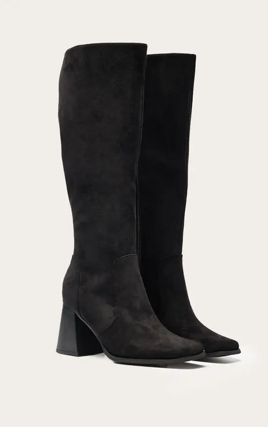 PrettyLittleThing Faux Suede Square Toe Flare Block Heel Knee High Boots