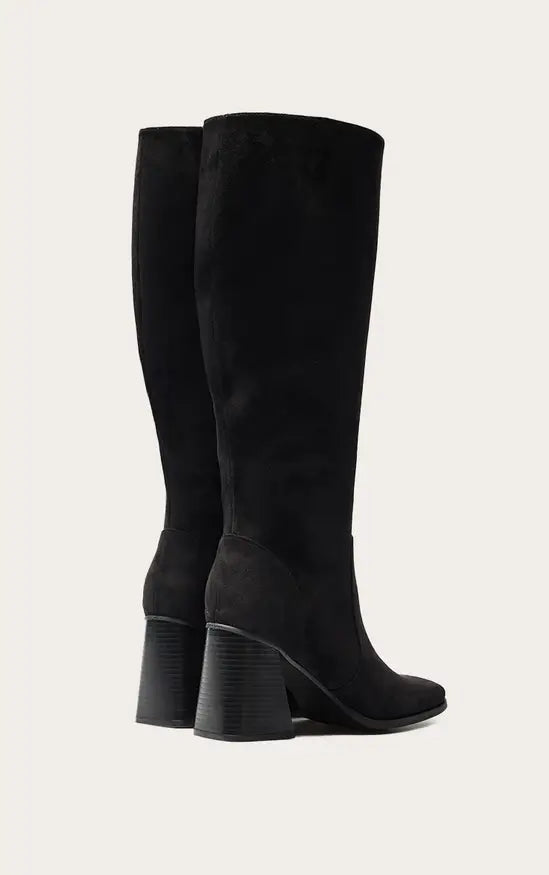 PrettyLittleThing Faux Suede Square Toe Flare Block Heel Knee High Boots