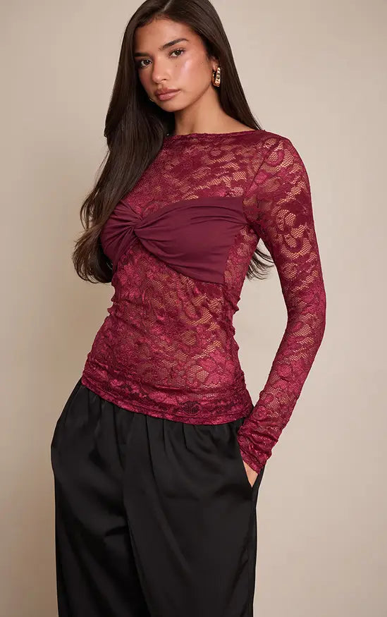 Plt - Plum Bust Detail Lace Long Top