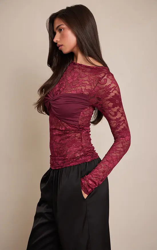 Plt - Plum Bust Detail Lace Long Top
