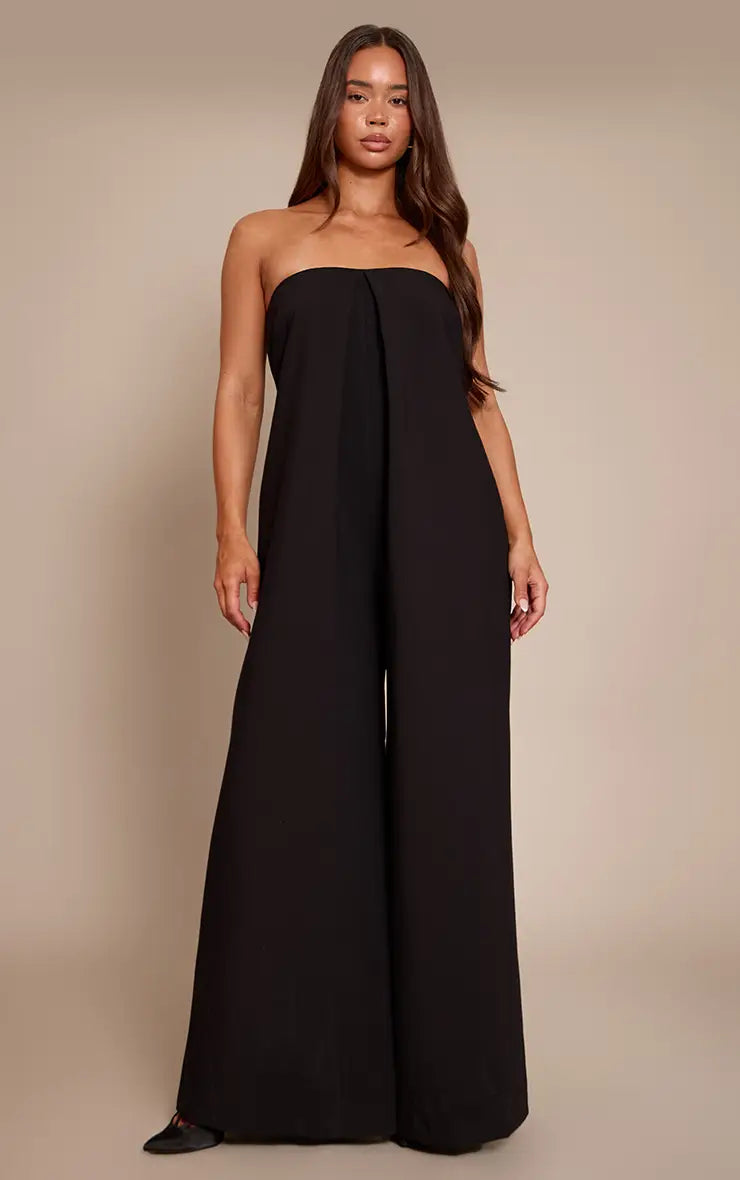 PLT Label Black Pleat Detail Bandeau Wide Leg Jumpsuit