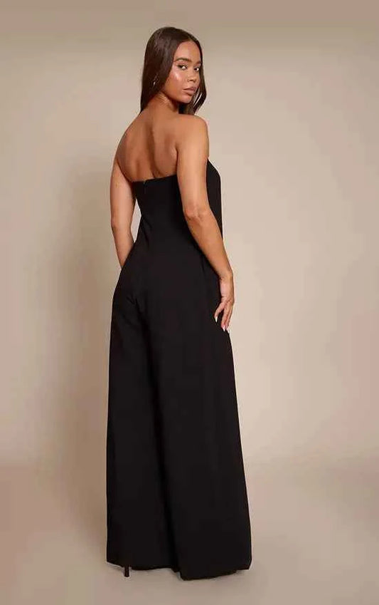 PLT Label Black Pleat Detail Bandeau Wide Leg Jumpsuit