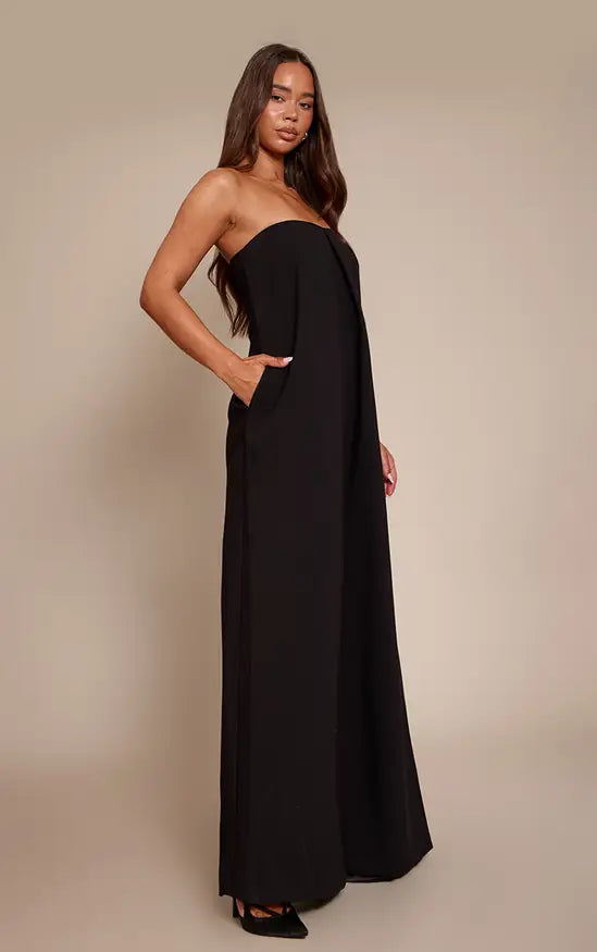 PLT Label Black Pleat Detail Bandeau Wide Leg Jumpsuit