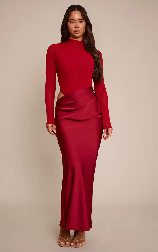 Plt - Wine Mesh Long Sleeve Draped Maxi Dress