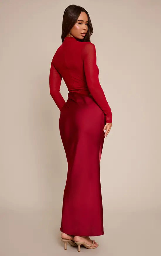 Plt - Wine Mesh Long Sleeve Draped Maxi Dress