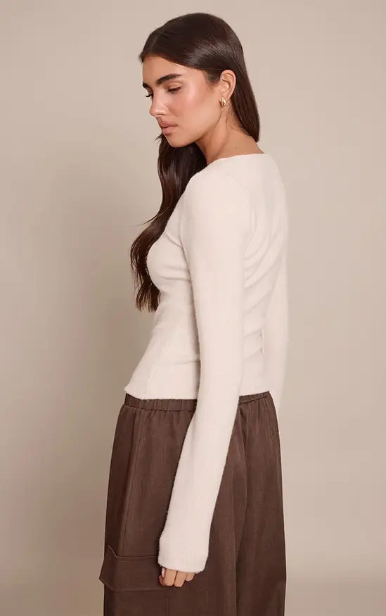 Plt - Cream Wool Knit Look Scoop Neck Long Sleeve Top