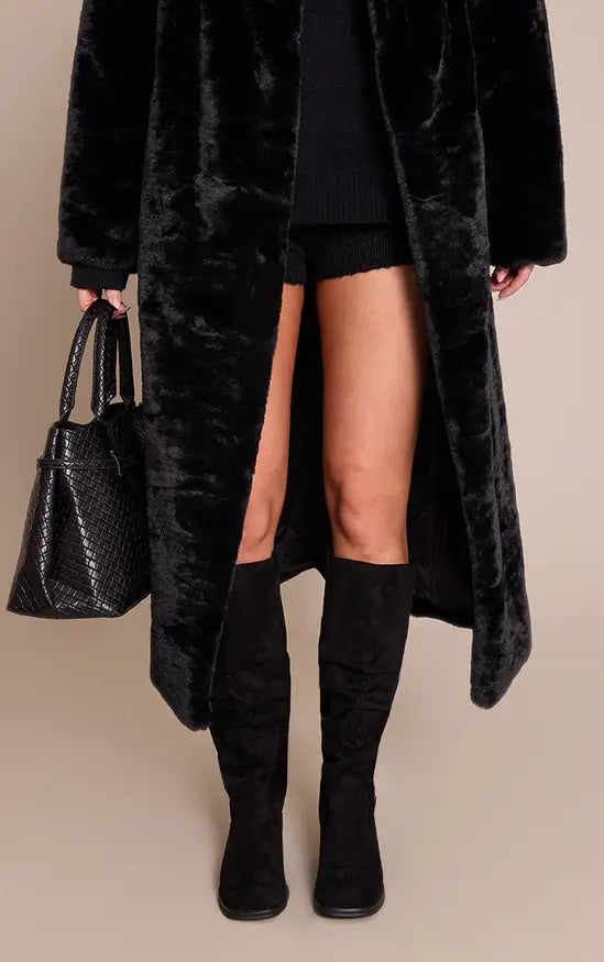 Plt - Black Faux Suede Low Heeled Ruched Knee High Boots