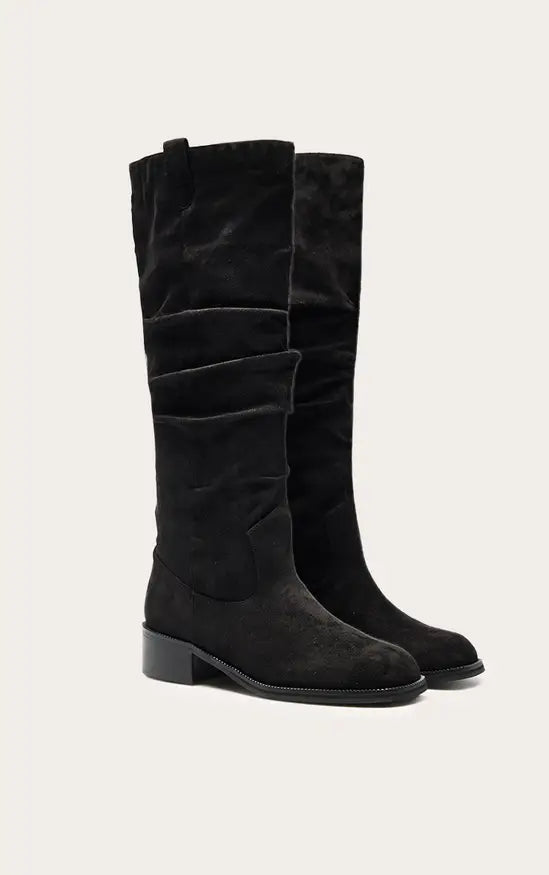 Plt - Black Faux Suede Low Heeled Ruched Knee High Boots