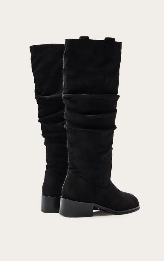 Plt - Black Faux Suede Low Heeled Ruched Knee High Boots