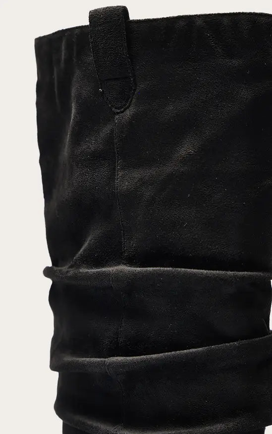 Plt - Black Faux Suede Low Heeled Ruched Knee High Boots