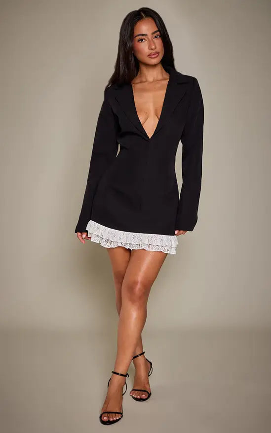 Plt - Black Woven Tailored Frill Contrast Blazer Dress
