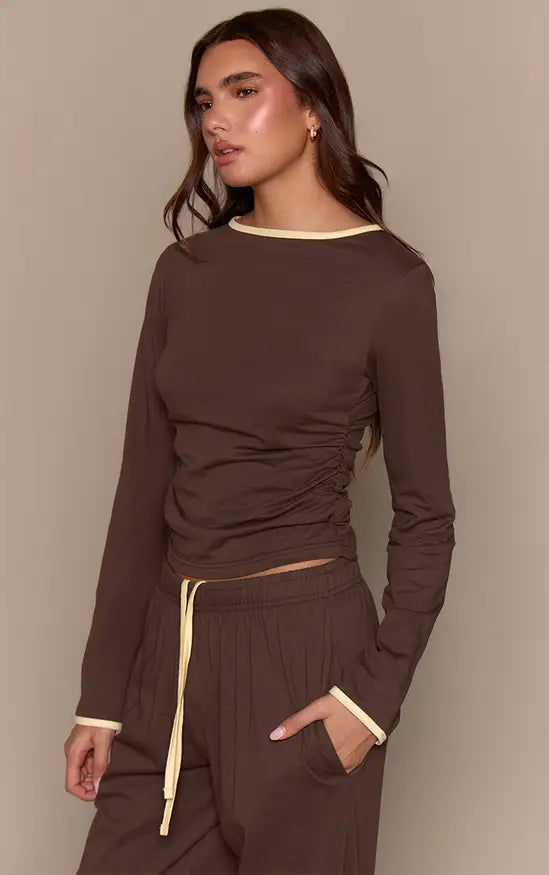 Plt Chocolate Cotton Contrast Cuff Long Sleeve Top