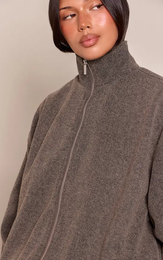 Plt - Charcoal Funnel Neck Ruched Sleeve Wool Bomber